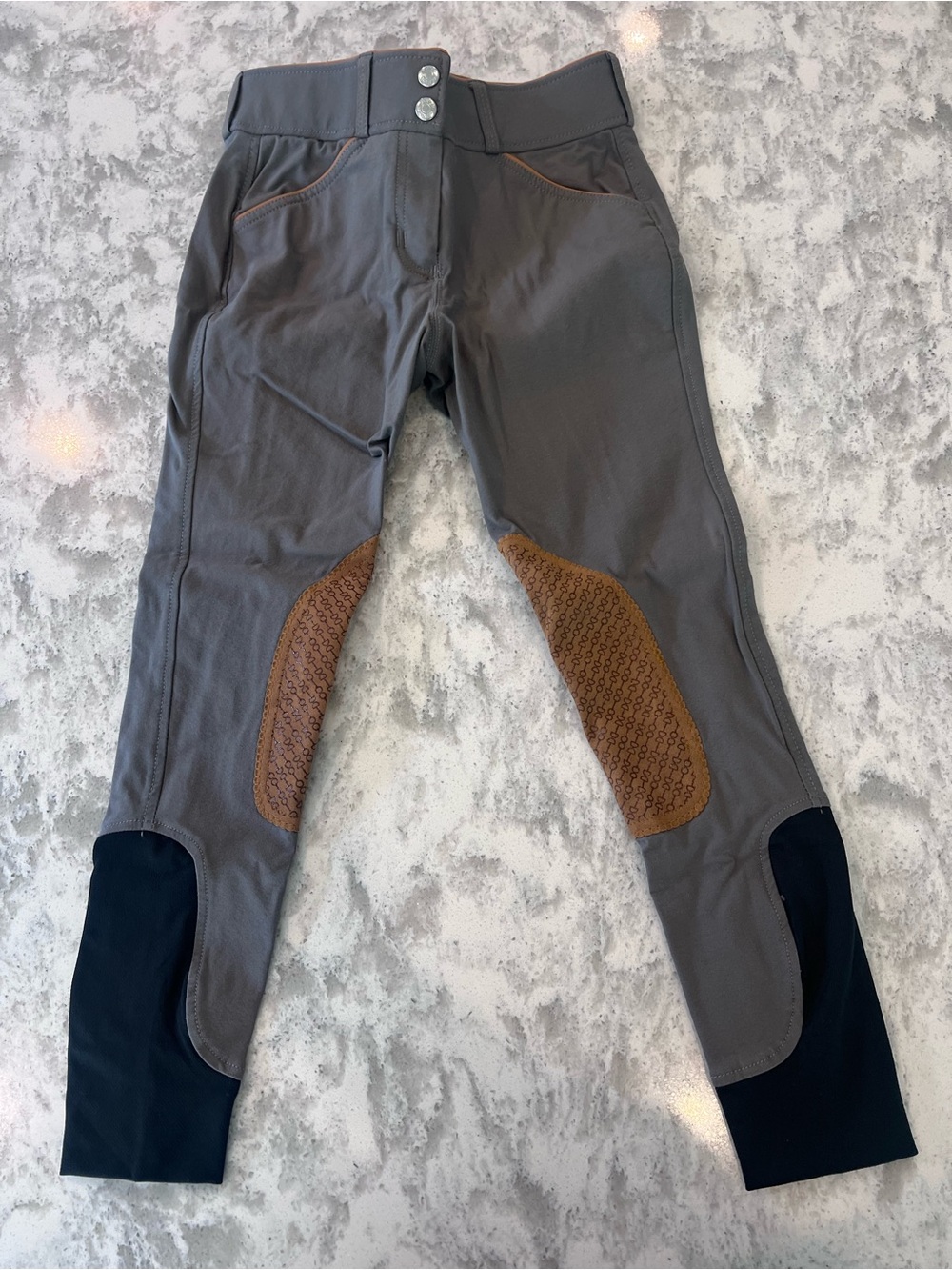 Youth Gray Riding Breeches with Brown Knee Patches